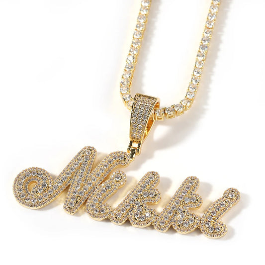 THE BLING KING Custom Small Size Brush Script Letter Two Tone Pendant Micro Paved Baguettecz Chain Necklace Hiphop Jewelry