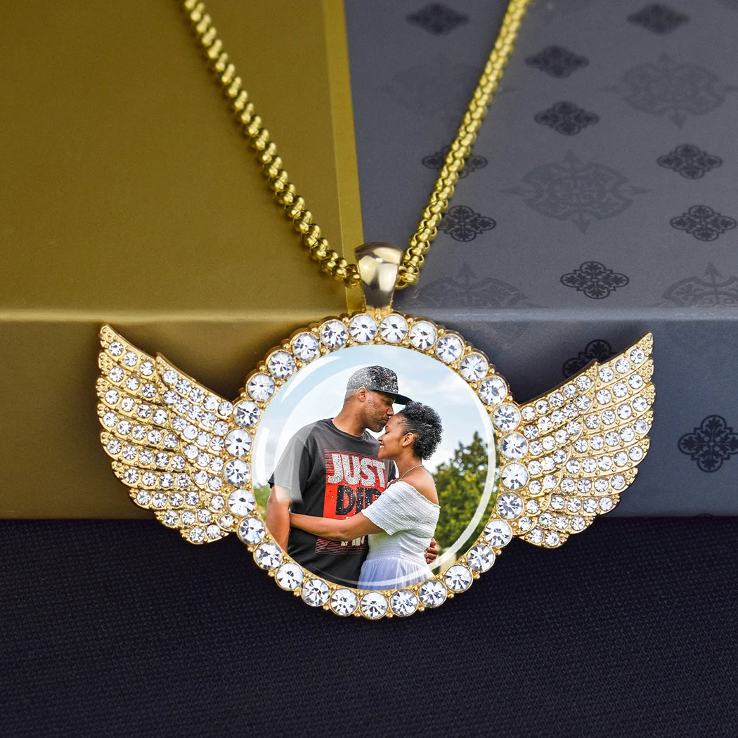 Custom Necklace Personalized Photo Picture Angel Wings Rhinestone Pendant Chains Necklaces Creative Fashion Hip Hop Jewelry Gift - Dein Shop - dauerhaft günstig!