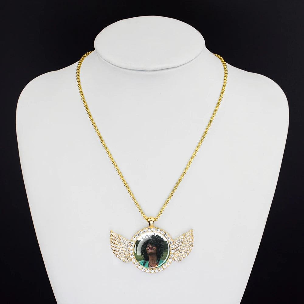 Custom Necklace Personalized Photo Picture Angel Wings Rhinestone Pendant Chains Necklaces Creative Fashion Hip Hop Jewelry Gift - Dein Shop - dauerhaft günstig!