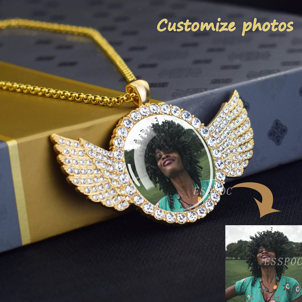 Custom Necklace Personalized Photo Picture Angel Wings Rhinestone Pendant Chains Necklaces Creative Fashion Hip Hop Jewelry Gift - Dein Shop - dauerhaft günstig!