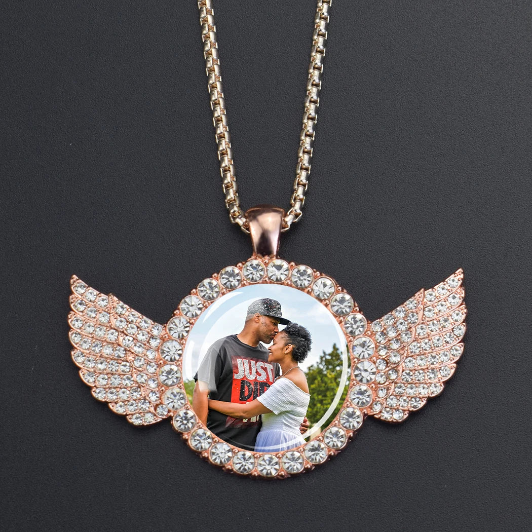 Custom Necklace Personalized Photo Picture Angel Wings Rhinestone Pendant Chains Necklaces Creative Fashion Hip Hop Jewelry Gift - Dein Shop - dauerhaft günstig!