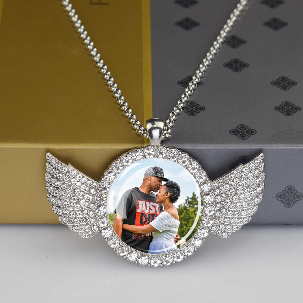 Custom Necklace Personalized Photo Picture Angel Wings Rhinestone Pendant Chains Necklaces Creative Fashion Hip Hop Jewelry Gift - Dein Shop - dauerhaft günstig!